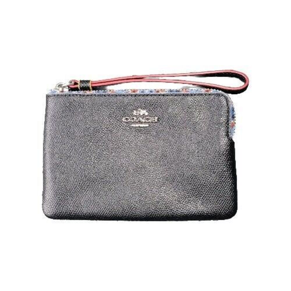 Coach Wristlet Black Pebbled Leather‎ Floral Trim Zip Around Wallet Clutch 22790